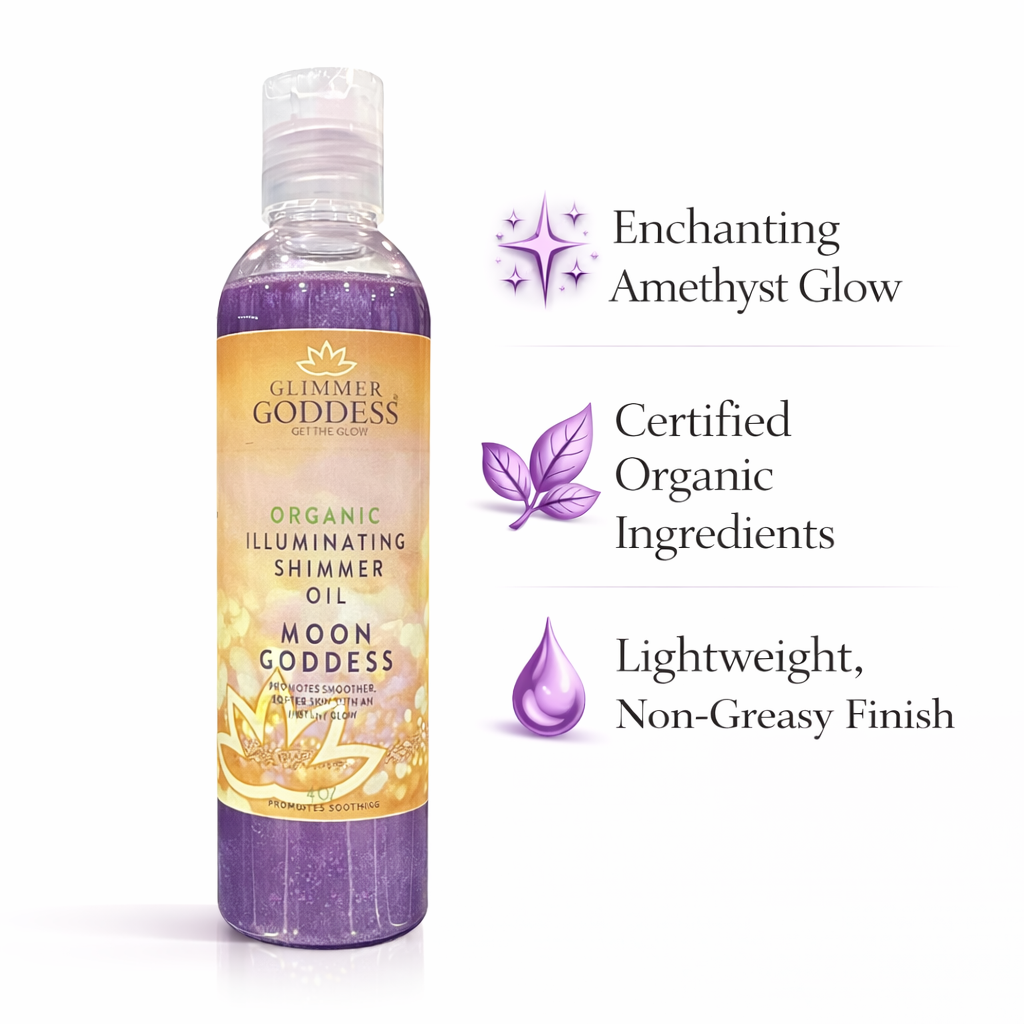 Organic Shimmer Oil – Illuminating Body Oil in 5 Shades for Radiant Glow & Deep Hydration - Glimmer Goddess® Organic Skin Care