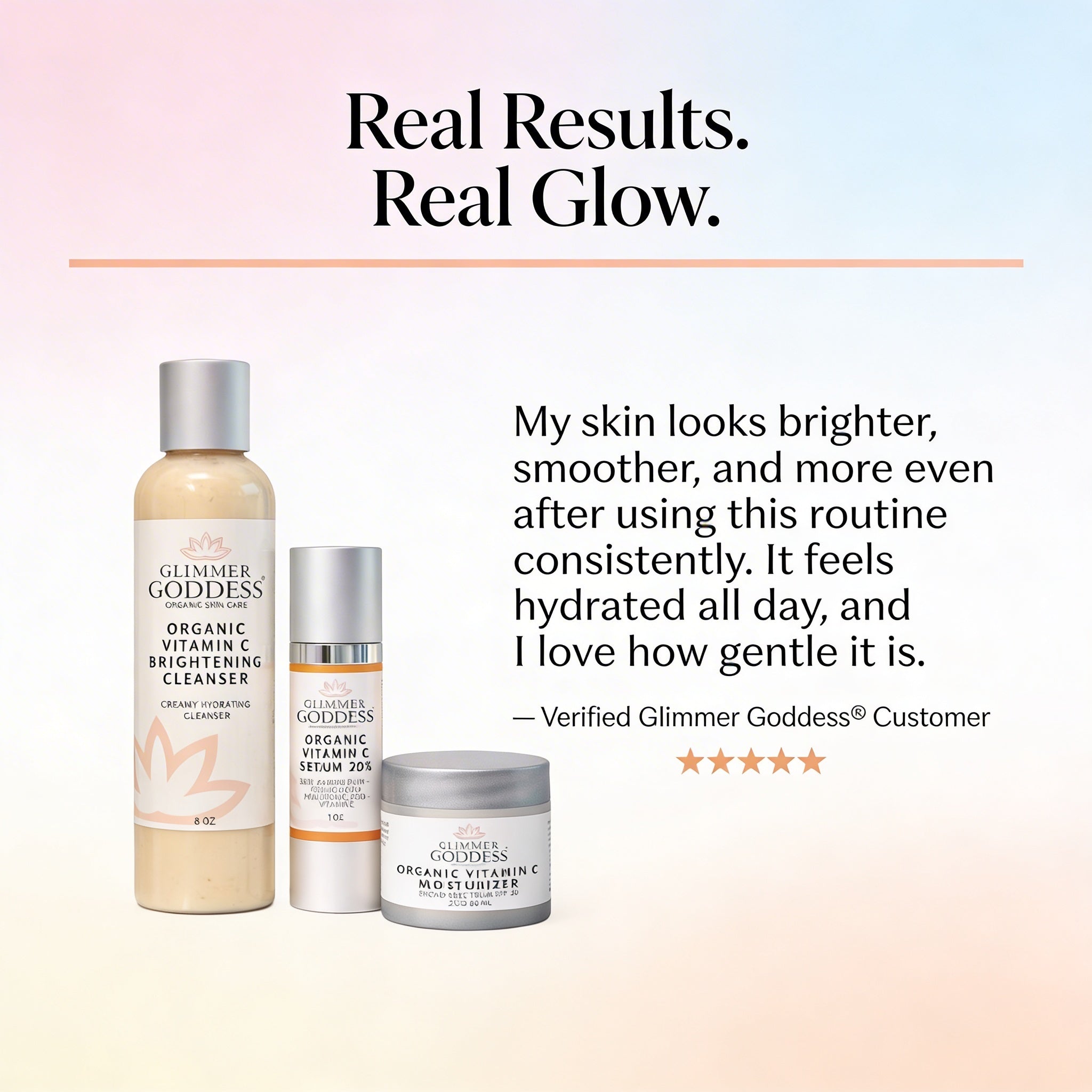 Customer testimonial highlighting visible glow and hydration after using the Glimmer Goddess Morning Glow Routine.