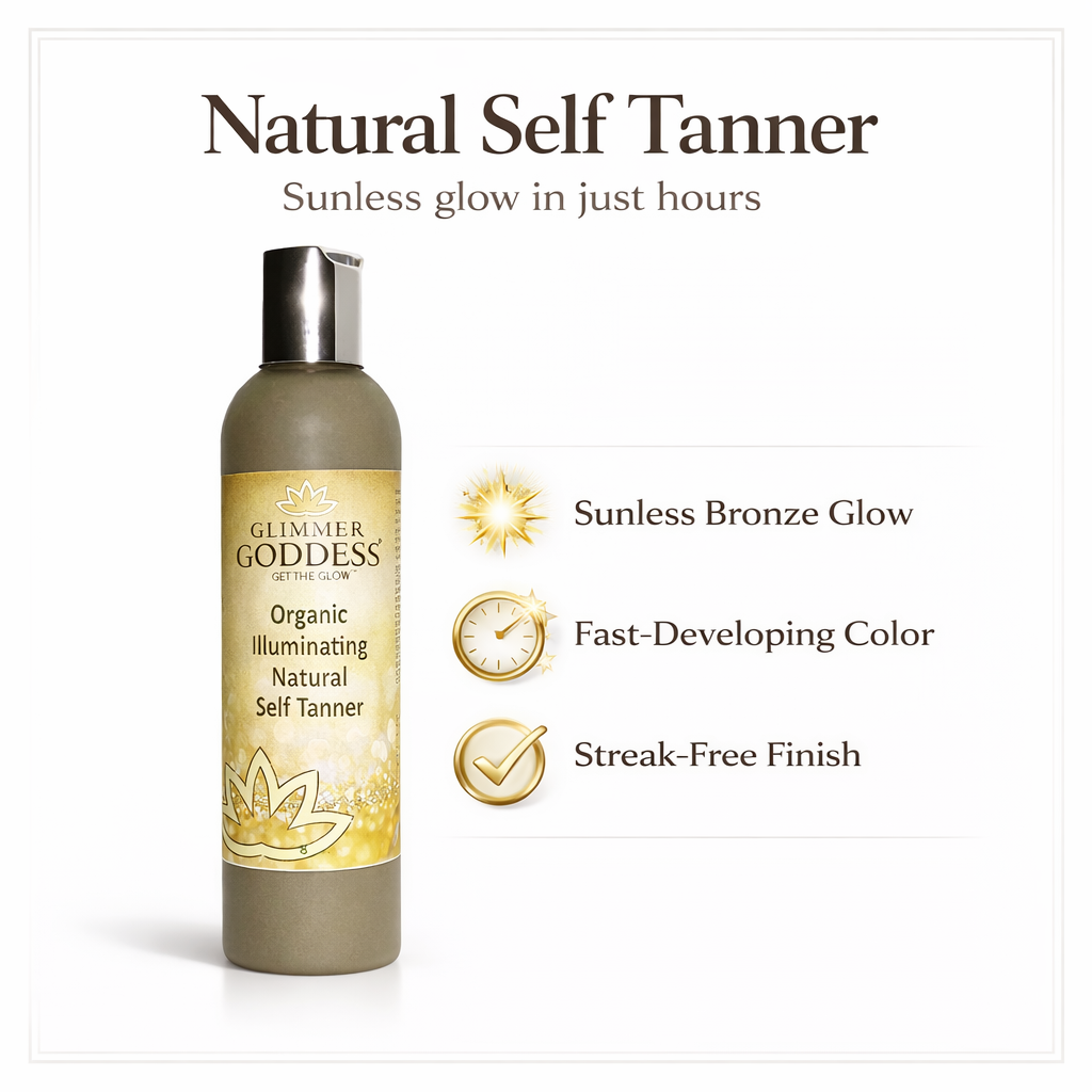 Glimmer Goddess Natural Self Tanner hero image on a pure white background featuring the 8 oz self tanning lotion bottle with benefits Sunless Bronze Glow, Fast-Developing Color, and Streak-Free Finish.