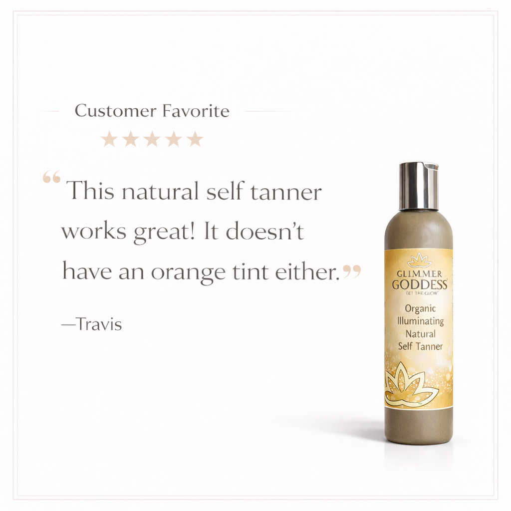Glimmer Goddess® Organic Self Tanner bottle with a natural, bronze glow skin tone, highlighting fast-developing self tanning formula.