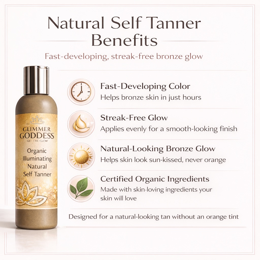 Glimmer Goddess® Organic Self Tanner with a smooth application, showcasing a natural bronze glow on skin.