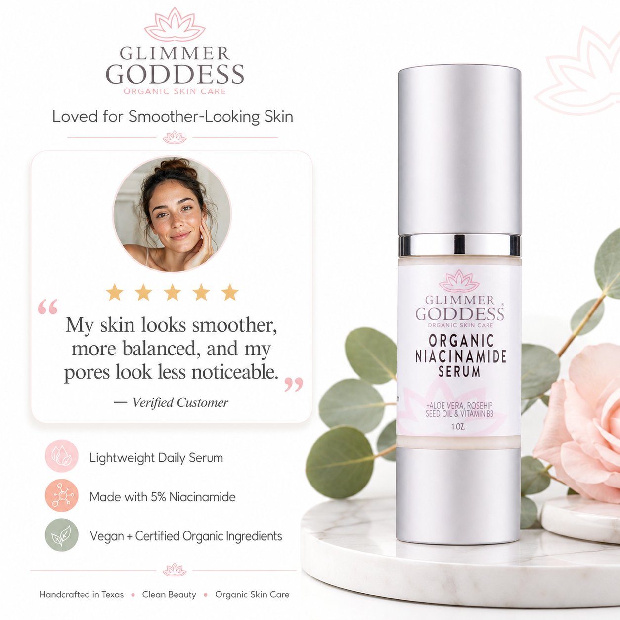 Organic Niacinamide Serum 5% by Glimmer Goddess® Organic Skin Care, showcasing the serum bottle with clear labeling and a clean background.