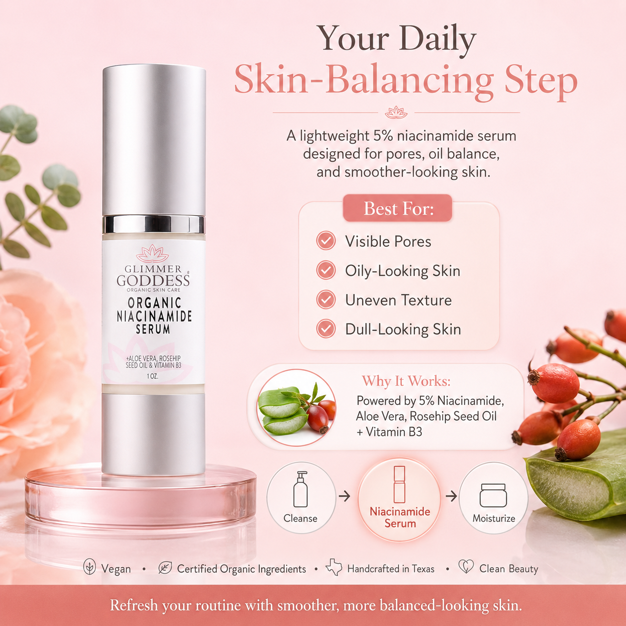 Dropper of Glimmer Goddess Organic Niacinamide Serum 5% for pore minimization and anti-aging skincare, shown in a glass bottle.