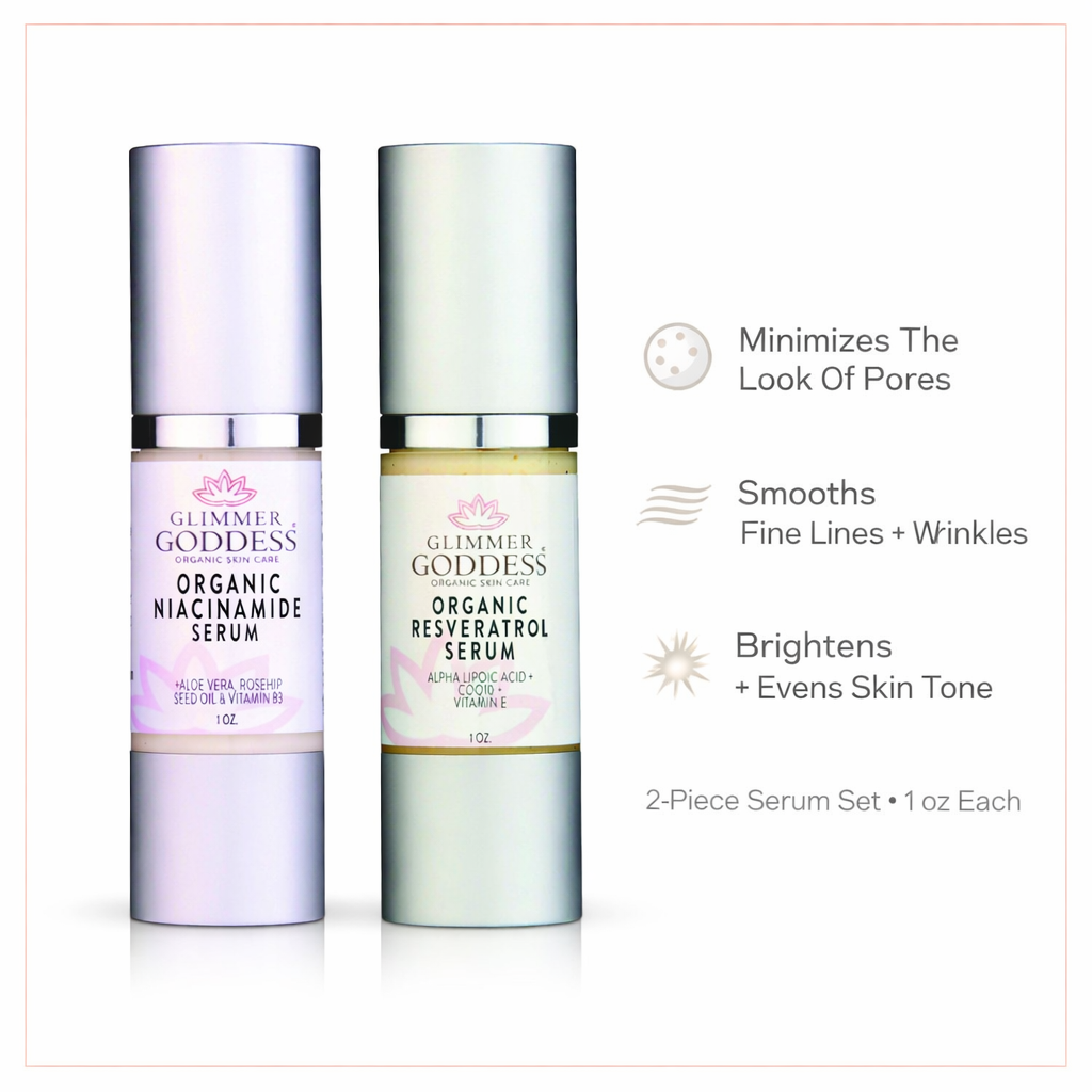 Glimmer Goddess Organic Niacinamide + Resveratrol Serum Duo (2-piece set), two airless pump bottles on a pure white background with subtle Peach trim, featuring benefits: minimizes the look of pores, smooths fine lines and wrinkles, and brightens and evens skin tone.