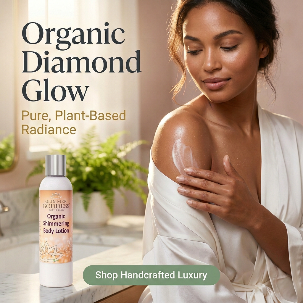 Woman applying body lotion with 'Organic Diamond Glow' text and product in foreground
