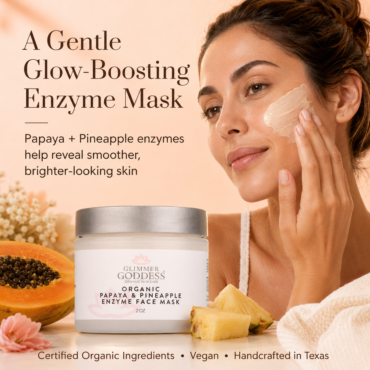 Glimmer Goddess organic papaya and pineapple enzyme face mask with gentle exfoliating treatment on a clean skincare surface.