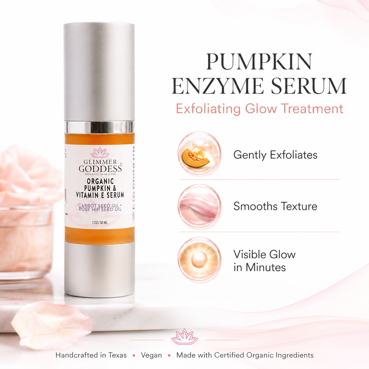 Organic pumpkin enzyme serum by Glimmer Goddess®, featuring a glass bottle with dropper and fresh pumpkin, for exfoliating glow treatment.