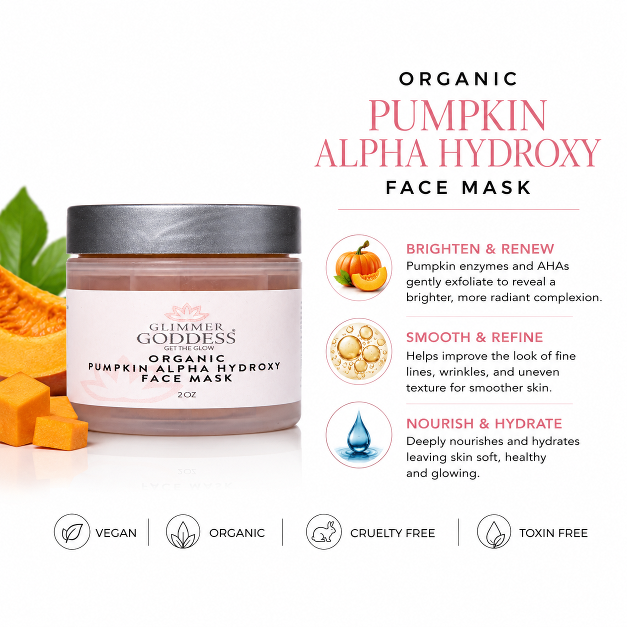 Glimmer Goddess Organic Pumpkin Alpha Hydroxy Face Mask jar shown on a white background with product text and benefit icons. The jar is a pale pinkish-brown color with a dark gray lid, and decorative orange pumpkin slices and leaves appear on the left.