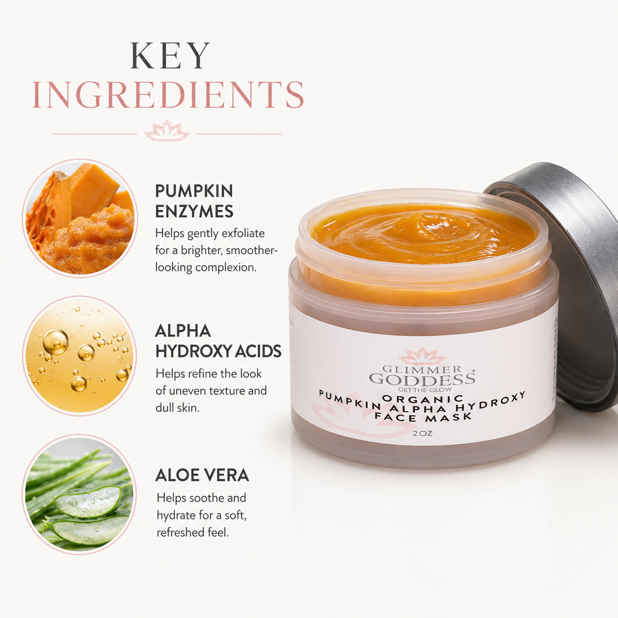 Glimmer Goddess Pumpkin in Alpha Hydroxy Face Mask jar with its lid off, shown next to ingredient callouts for pumpkin enzymes, alpha hydroxy acids, and aloe vera on a light cream background.