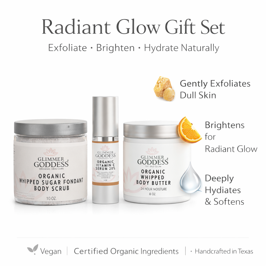 Glimmer Goddess Organic Skin Care Radiance Glow gift set with exfoliating, brightening, and hydrating skincare products.