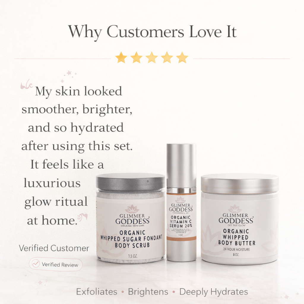 Glimmer Goddess Organic Skin Care Radiance Glow gift set with exfoliating, brightening, and hydrating skincare products.