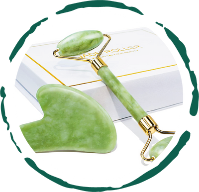 BeNat jade facial roller and Gua Sha tool set in elegant gift box, ideal for skincare and facial massage.