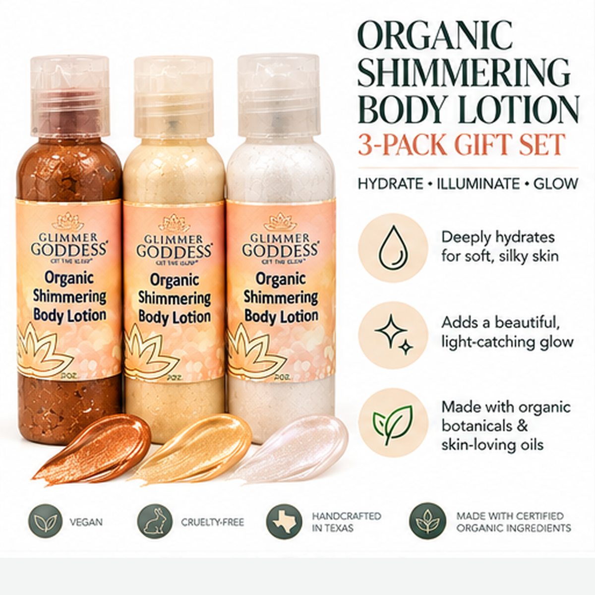 Glimmer Goddess Shimmer Lotion Gift Set with Bronze, Gold and Diamond 2 oz lotions in a champagne organza bag.