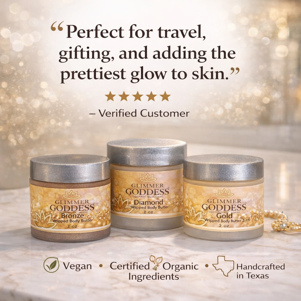 Three 2 oz jars of Glimmer Goddess® Organic Skin Care shimmering body butter trio with natural shimmer and moisturizing texture.