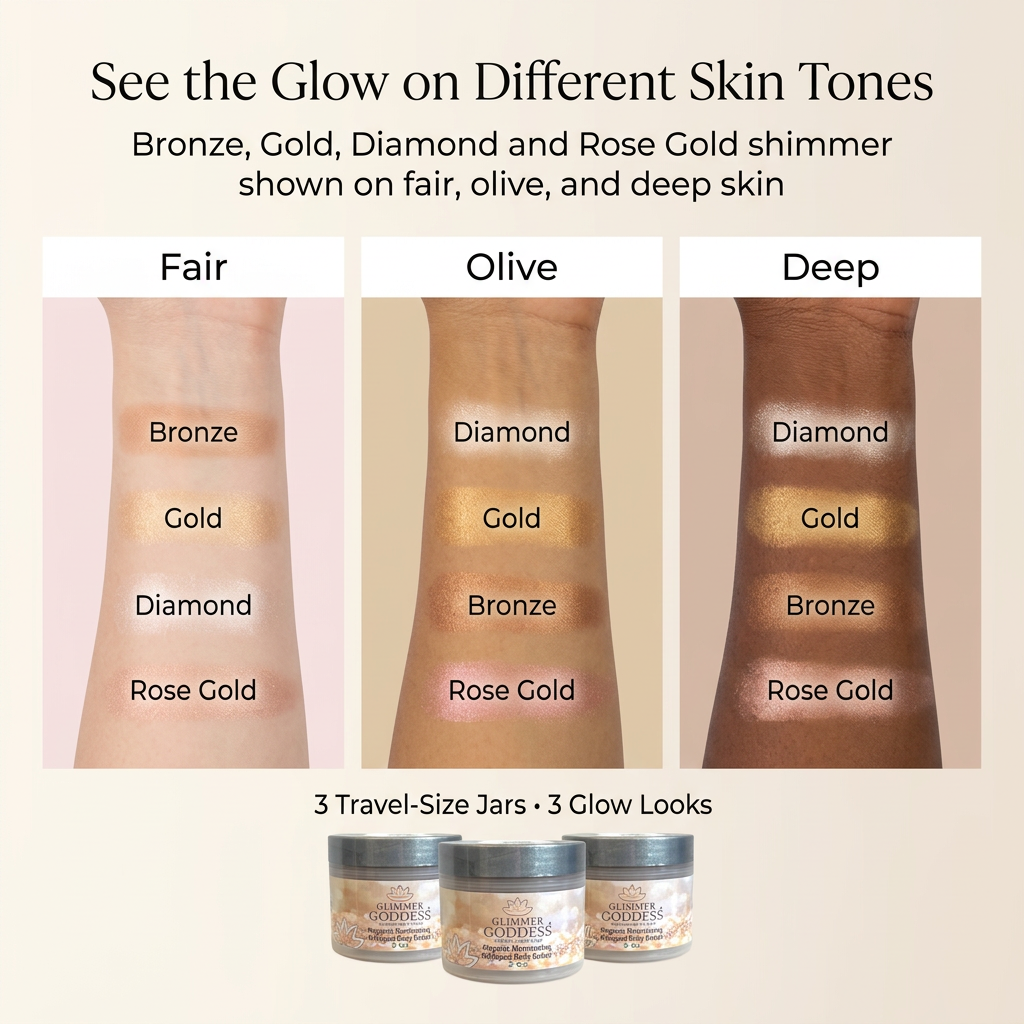 Set of three 2 oz organic shimmering body butters by Glimmer Goddess® with a radiant, glowing finish in travel-size jars.