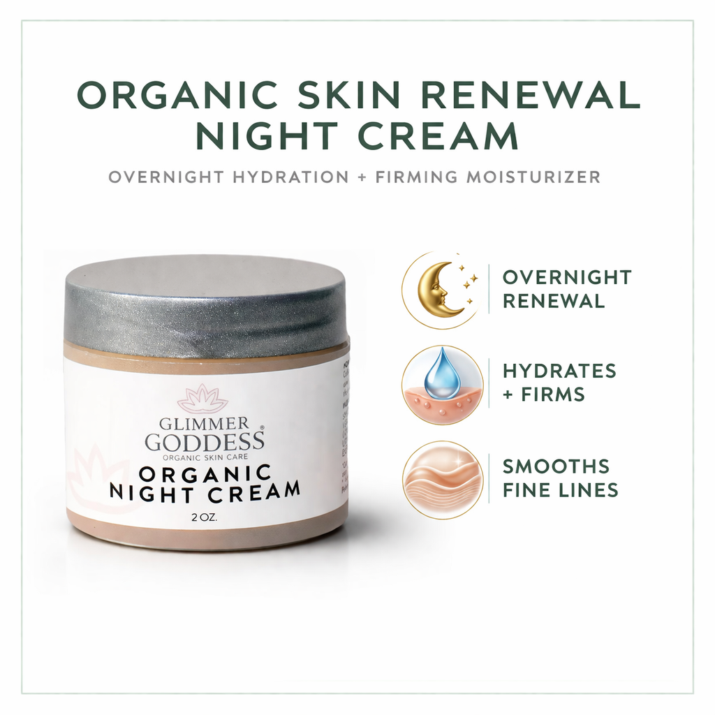 Glimmer Goddess Organic Skin Renewal Night Cream 2 oz in a jar, moisturizing anti-aging treatment for rejuvenating skin overnight