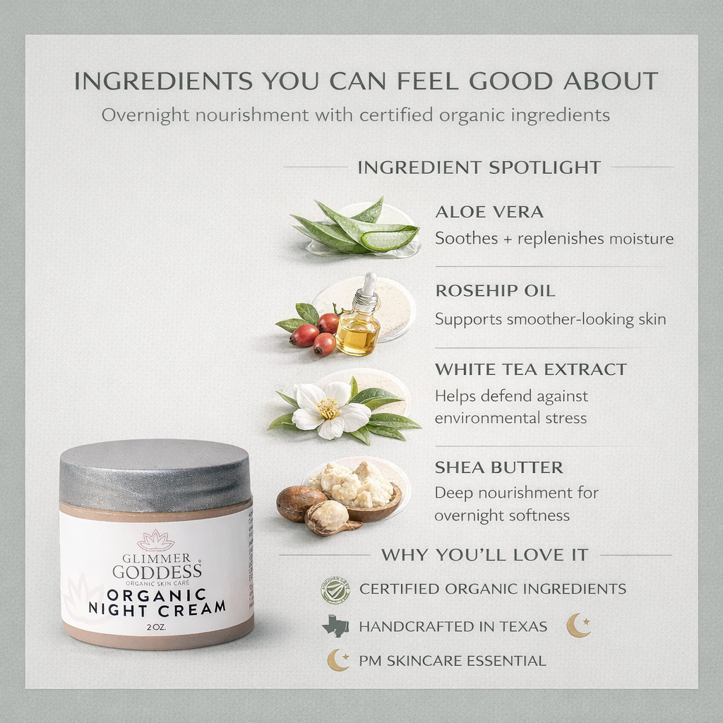 Glimmer Goddess® Organic Skin Renewal Night Cream in 2 oz jar, a natural anti-aging moisturizer for glowing skin.