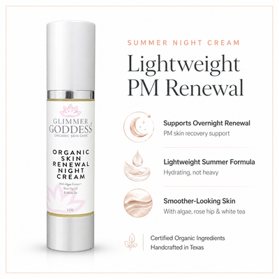 Organic Skin Renewal Night Cream by Glimmer Goddess® Organic Skin Care, 2 oz, moisturizing cream with anti-aging benefits.