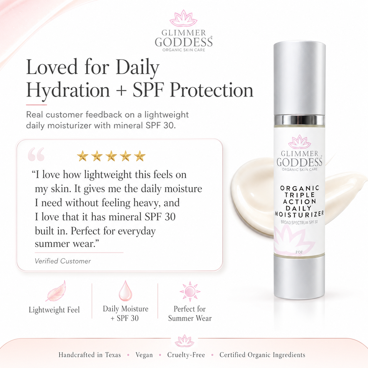 Organic SPF 30 moisturizer by Glimmer Goddess® with triple action hydration and sun protection, featuring a sunny summer background.