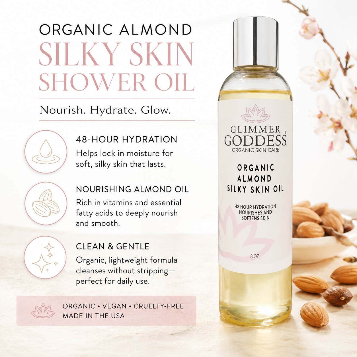 Organic Sweet Almond Silky Skin Oil – 48 Hour Hydration