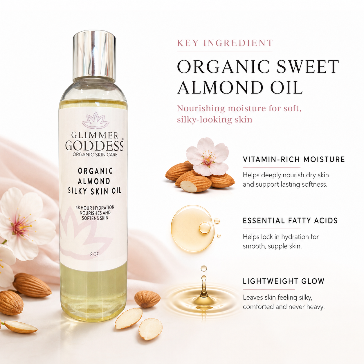 Organic Sweet Almond Silky Skin Oil – 48 Hour Hydration