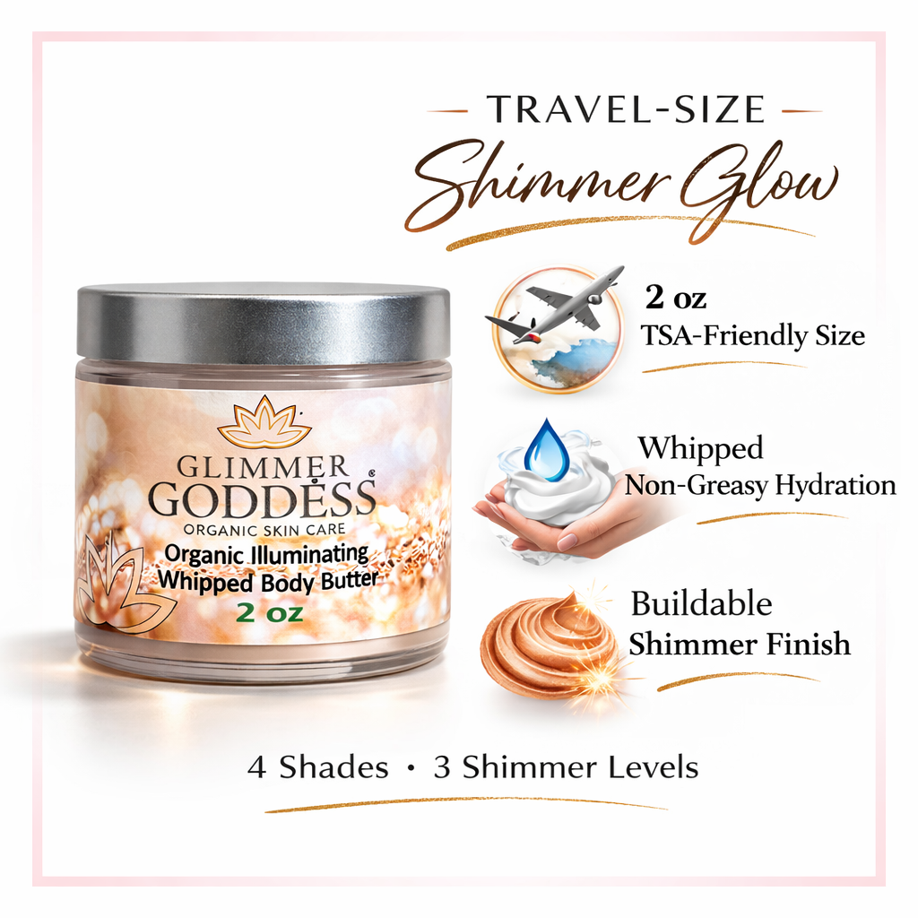 Glimmer Goddess® Organic Shimmering Whipped Body Butter, 2 oz travel size jar on a white background with soft pink border trim, featuring benefits: TSA-friendly size, whipped non-greasy hydration, and buildable shimmer finish.