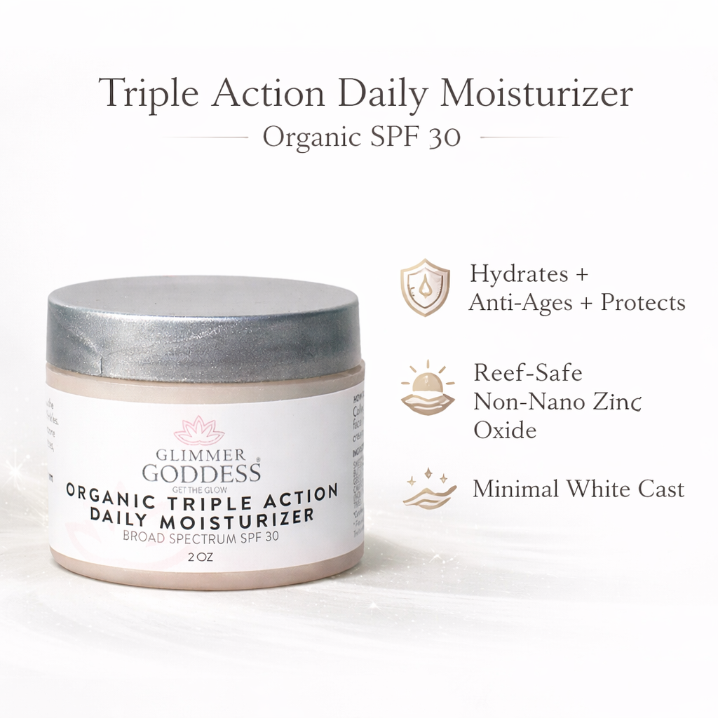 Glimmer Goddess Organic Skin Care Triple Action Daily Moisturizer with SPF 30 in a jar, featuring a creamy texture and natural ingredients.