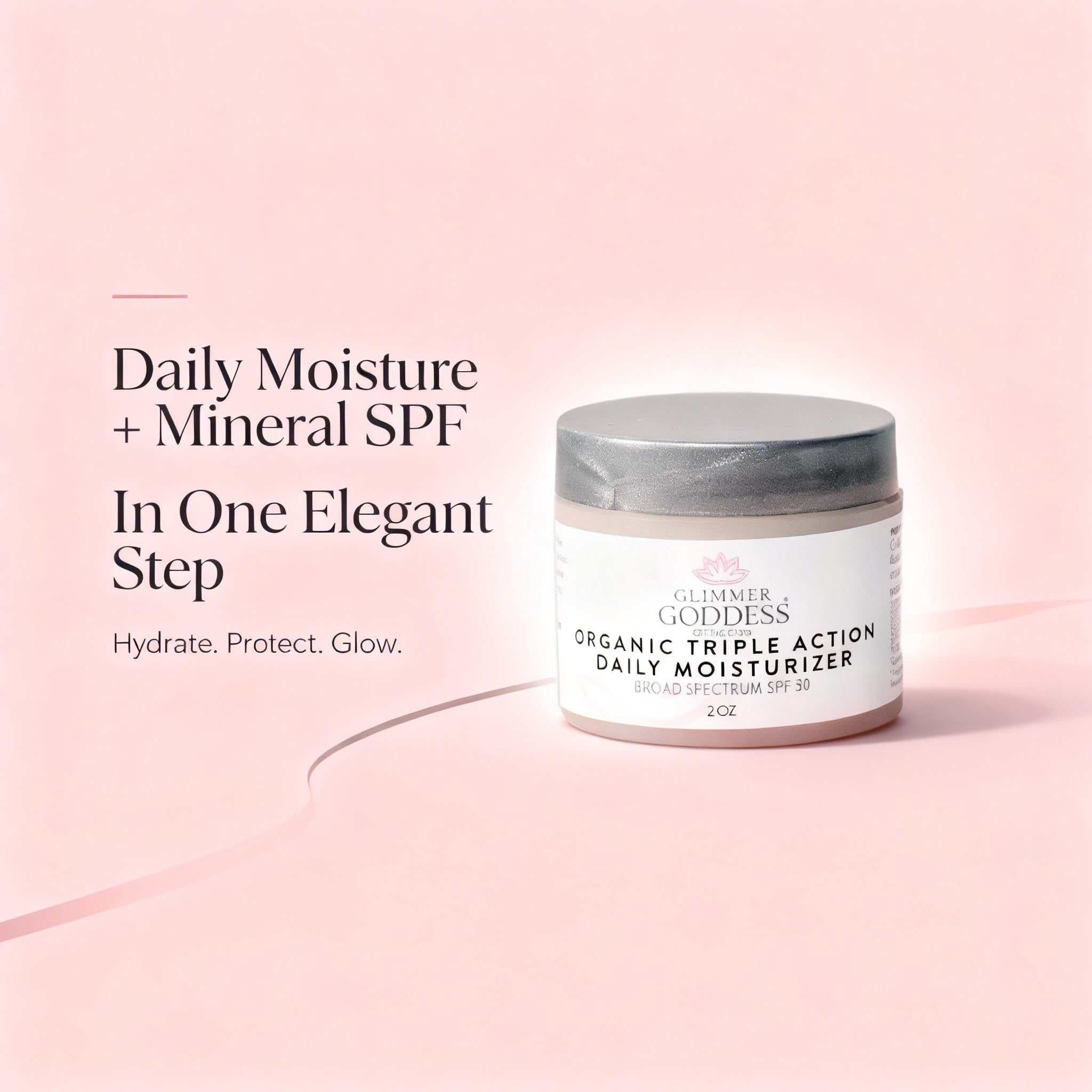 Organic Glimmer Goddess Triple Action Daily Moisturizer with SPF 30 in a jar, featuring a creamy texture and natural ingredients.