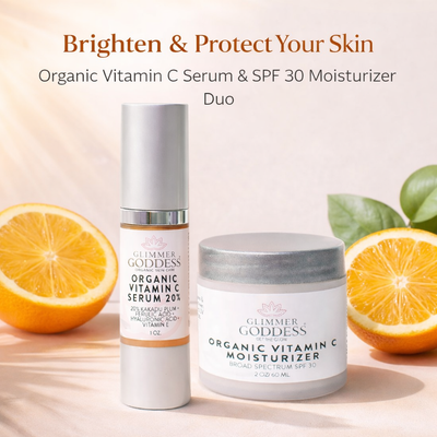 Glimmer Goddess® Organic Skin Care Vitamin C serum and SPF 30 moisturizer duo in bottles with labels, natural skincare products.