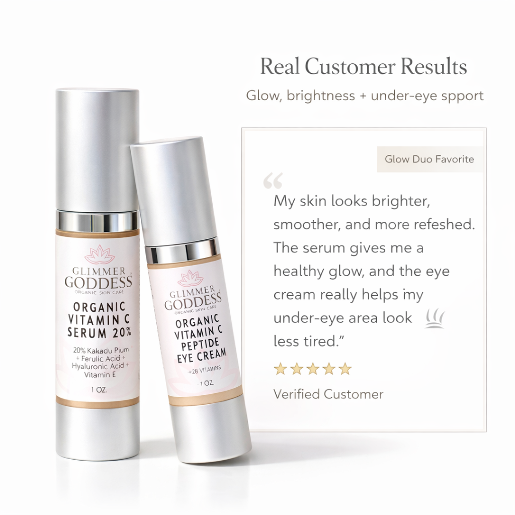 Organic Vitamin C Glow Duo with 20% Vitamin C and peptide eye serum from Glimmer Goddess Organic Skin Care, featuring serum bottles and applicator.