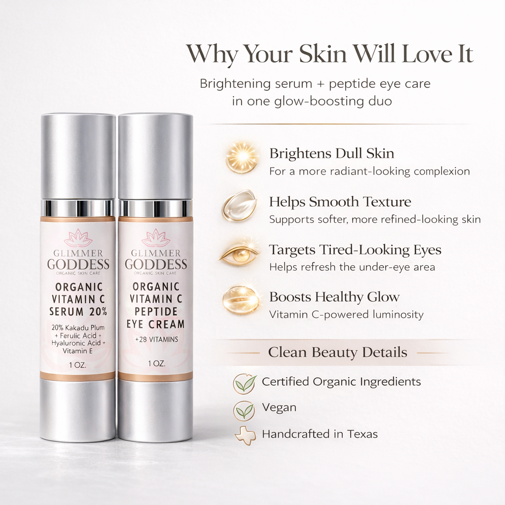 Organic Vitamin C Glow Duo with 20% Vitamin C and peptide eye serum by Glimmer Goddess® Organic Skin Care, featuring serum bottles and applicators.