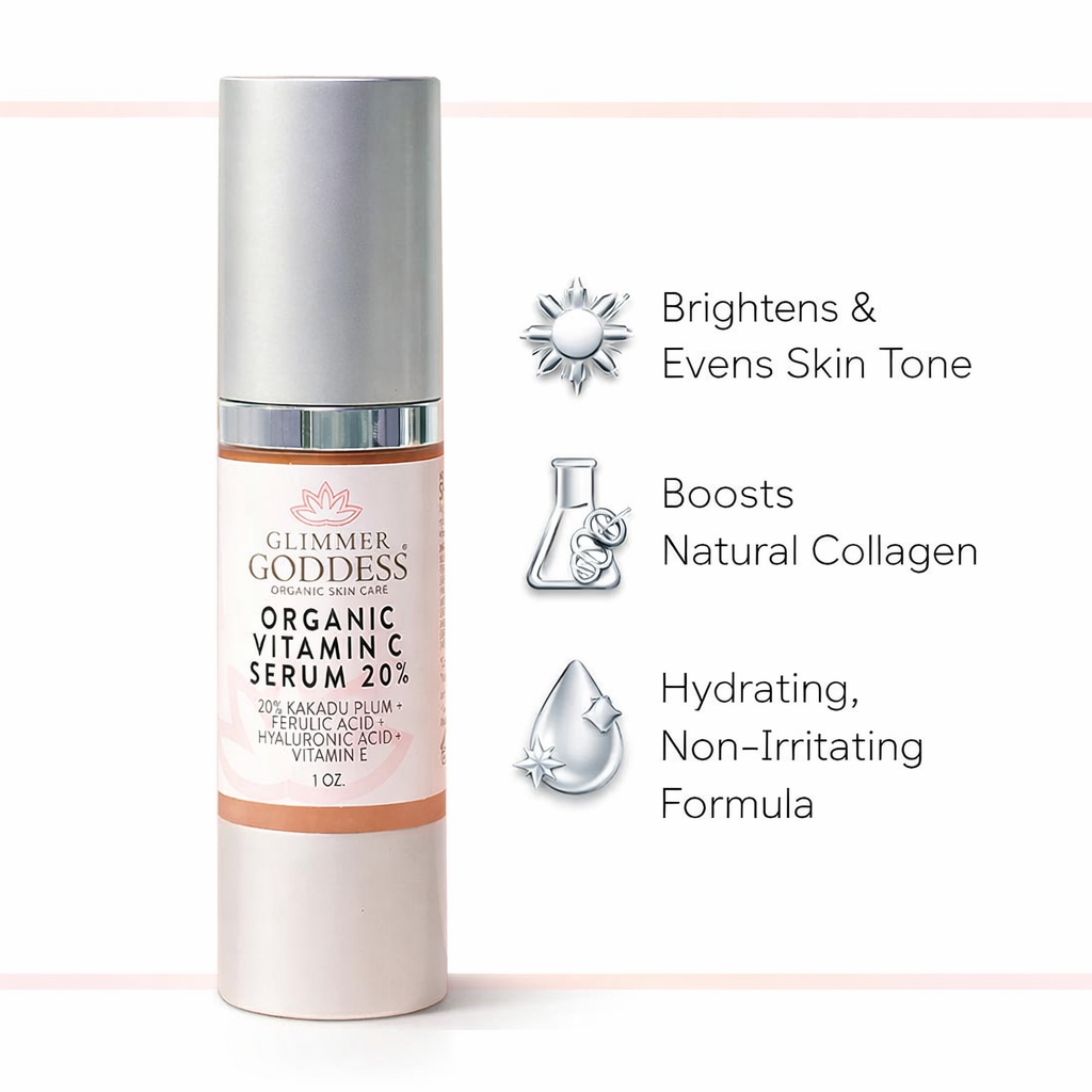 Glimmer Goddess Vitamin C Serum in airless pump bottle on white background with collagen-boosting, brightening, and hydrating benefit icons