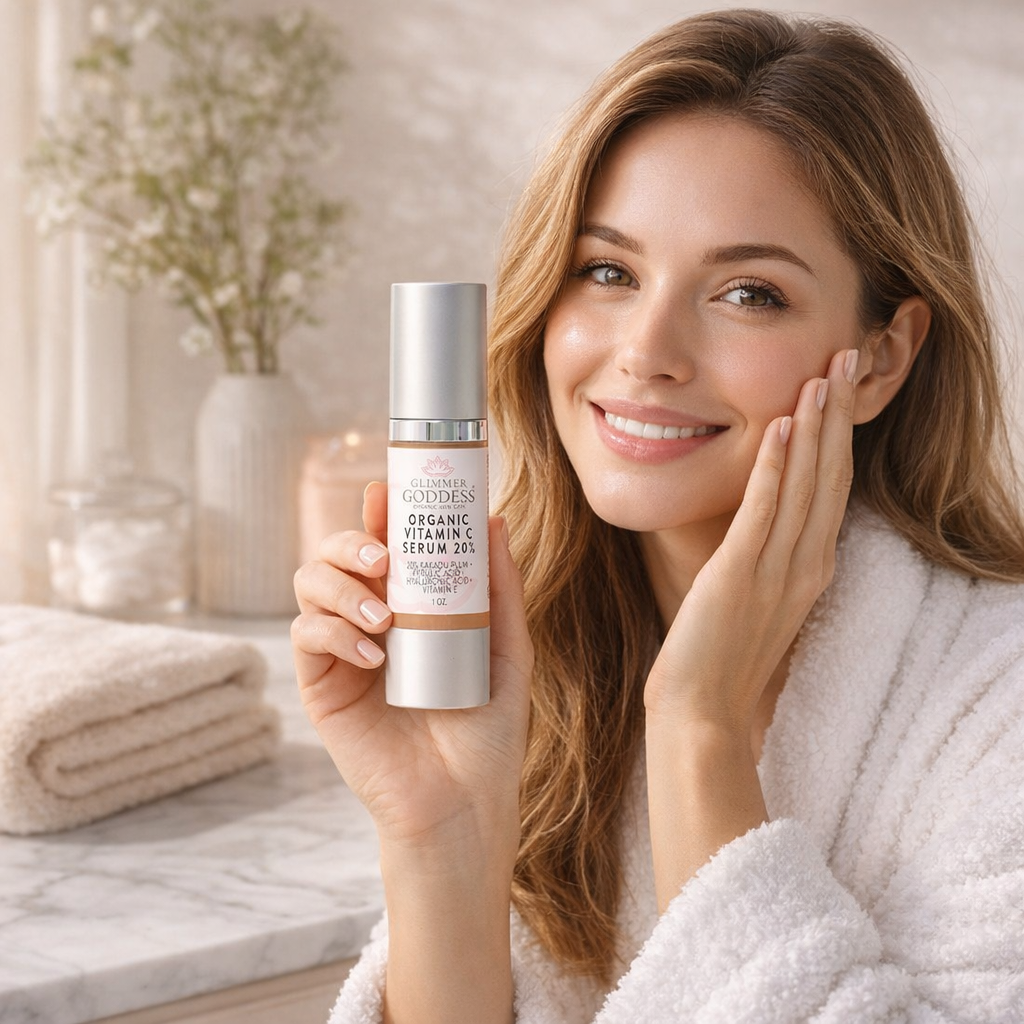 Vitamin C facial serum displayed on luxury bathroom vanity in natural light, clean beauty skincare routine