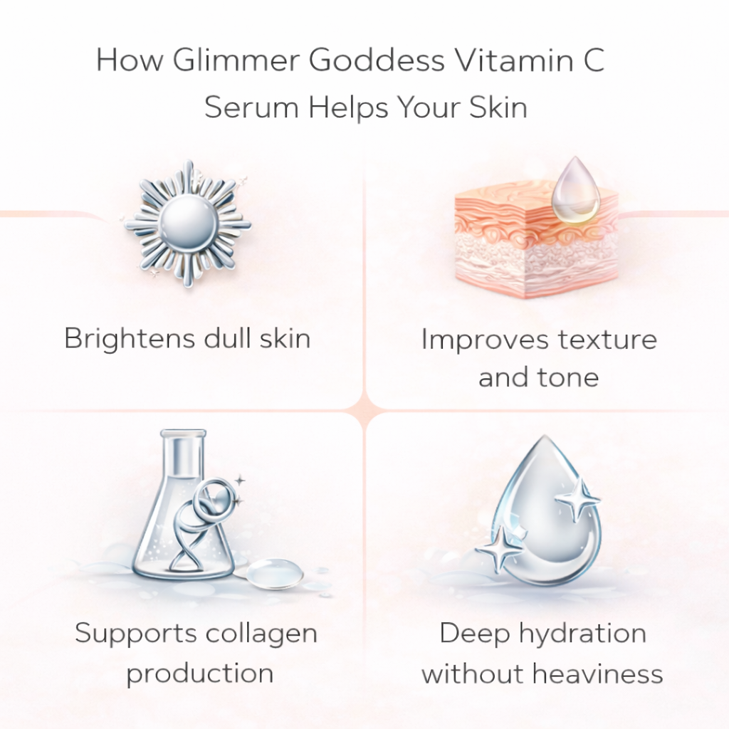 Vitamin C serum benefits infographic showing brightening, collagen support, hydration, and skin tone improvement