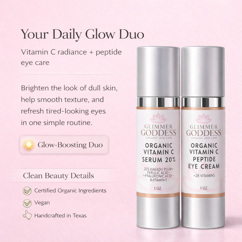 Organic Vitamin C Glow Duo featuring a brightening Vitamin C serum and peptide eye cream from Glimmer Goddess Organic Skin Care.