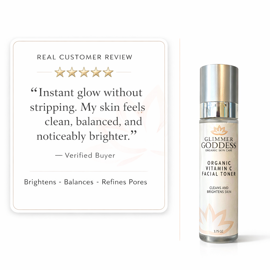 Glimmer Goddess® Organic Vitamin C Facial Toner (3.75 oz) on a white background with a real customer testimonial card and five-star rating highlighting brighter-looking skin, balanced feel, and minimized appearance of pores.