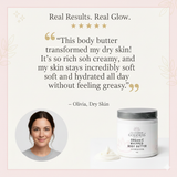 Creamy organic whipped body butter by Glimmer Goddess® for extremely dry skin, shown in a smooth, fluffy texture.