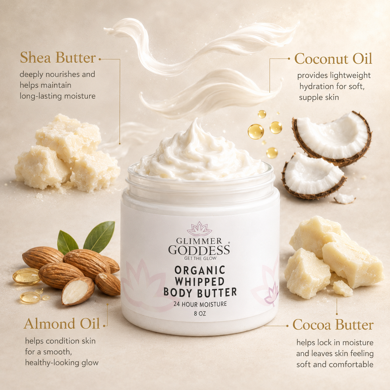 Glimmer Goddess Organic Whipped Body Butter with ingredients like shea butter, coconut oil, almond oil, and cocoa butter on a beige background.