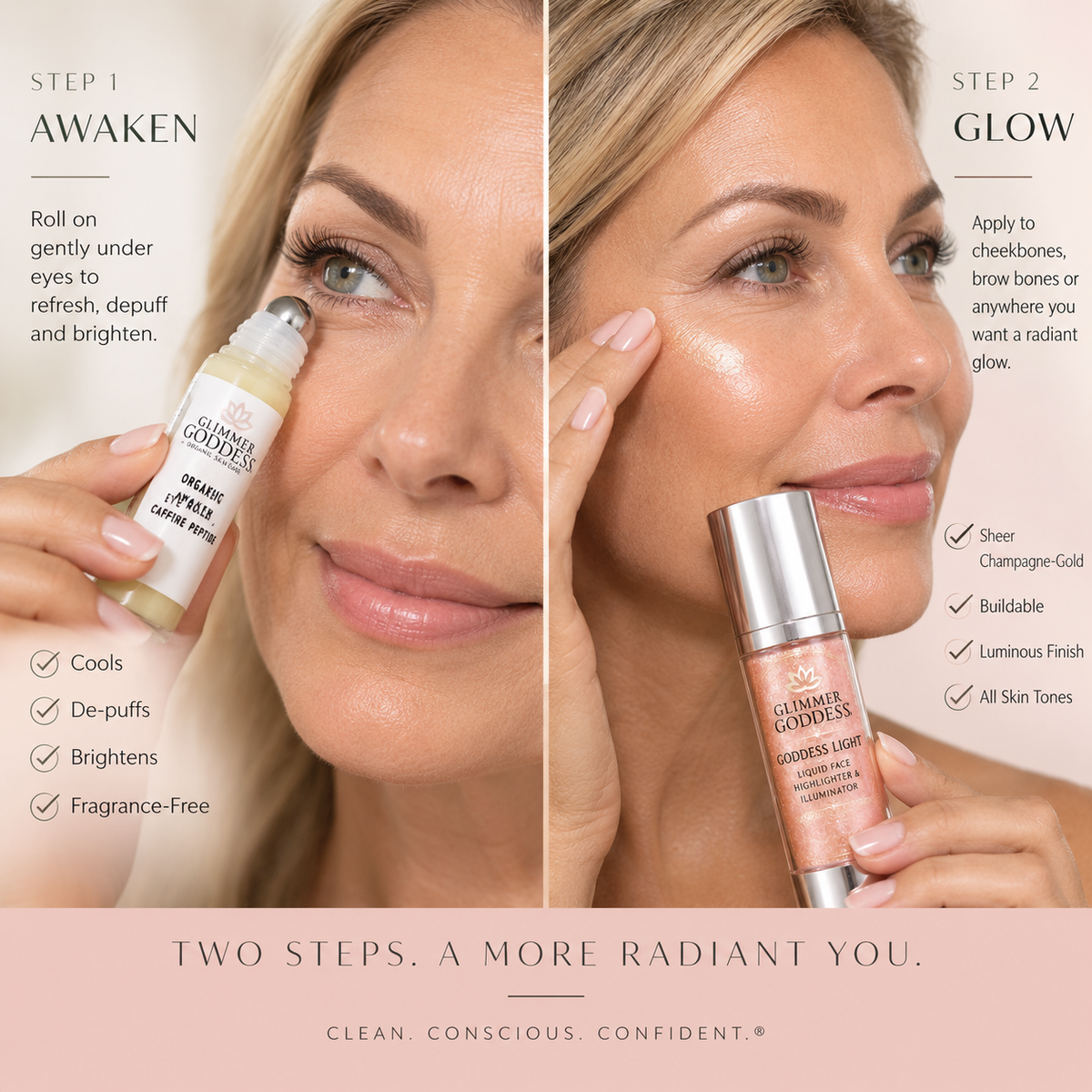How to use Awaken + Glow Duo: under eye roller and liquid face highlighter application