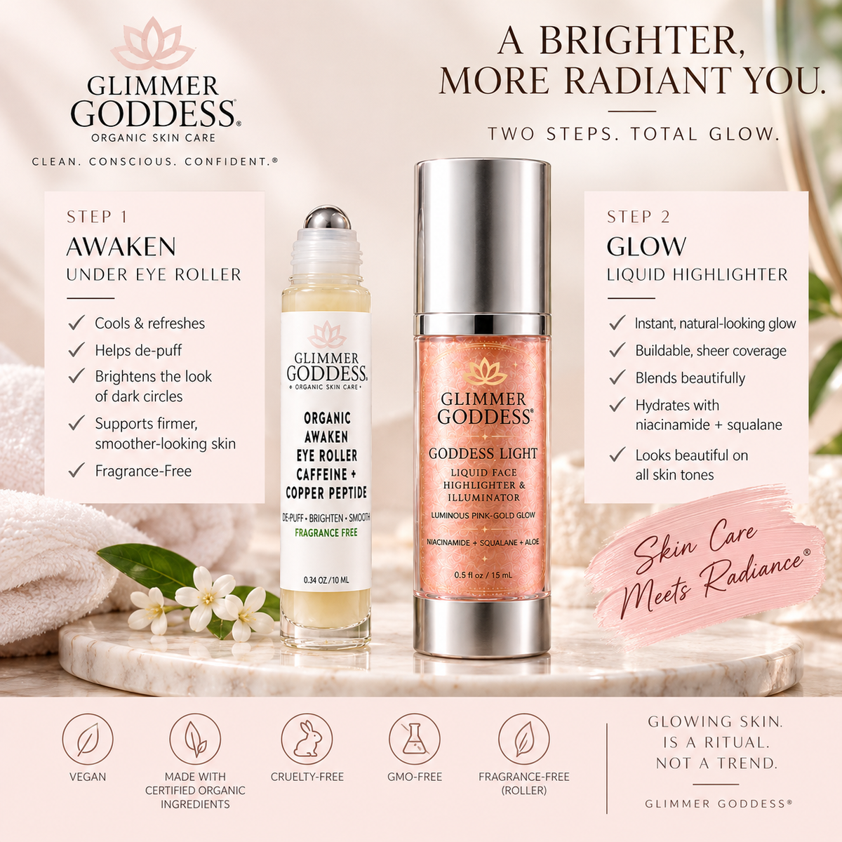 Awaken + Glow Duo two-step routine with fragrance-free eye roller and liquid highlighter