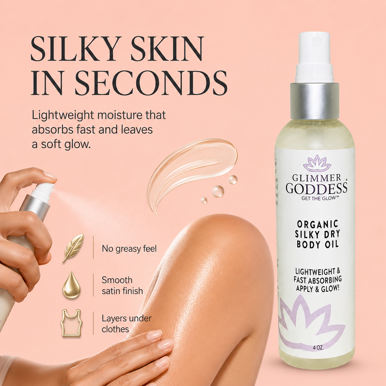 Glimmer Goddess® Organic Silky Dry Body Oil on a peach background with silky skin callouts for fast absorption, no greasy feel, and a smooth satin finish.