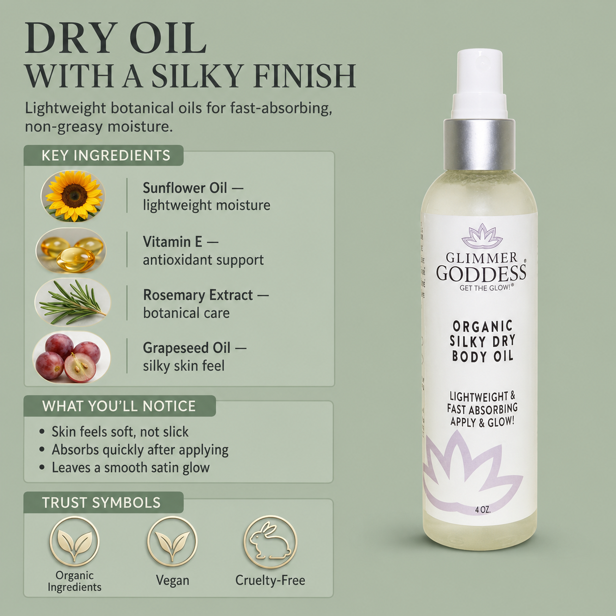 Glimmer & Goddess Organic Silky Dry Body Oil in a 4oz pump bottle, shown next to a detailed product information panel on a sage green background.