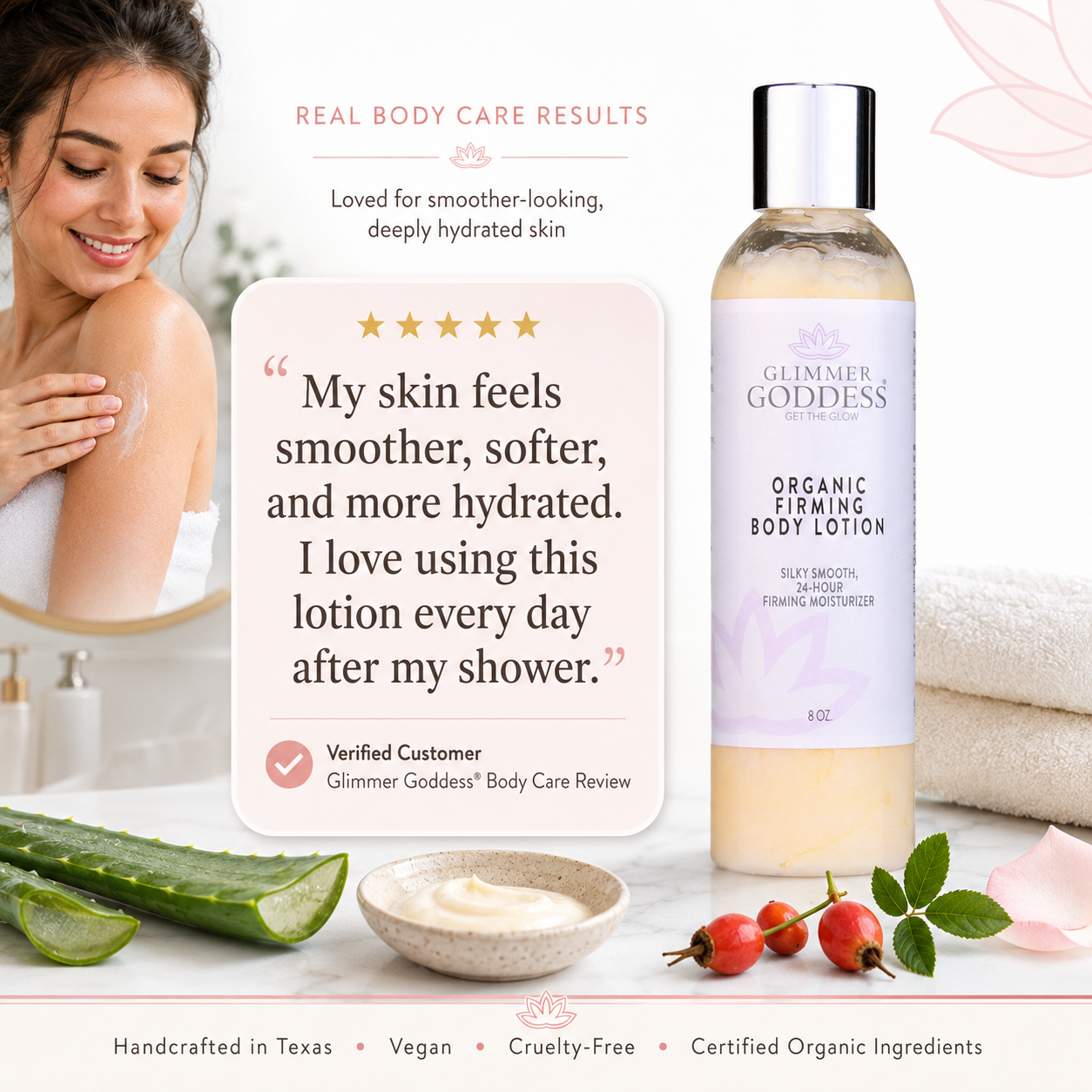 Glimmer Goddess organic firming body lotion with customer review and product details on a white background