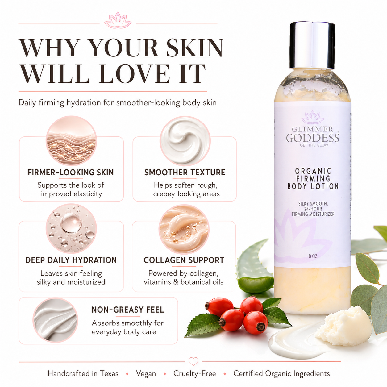 Glimmer Goddess organic firming body lotion with benefits on a white background
