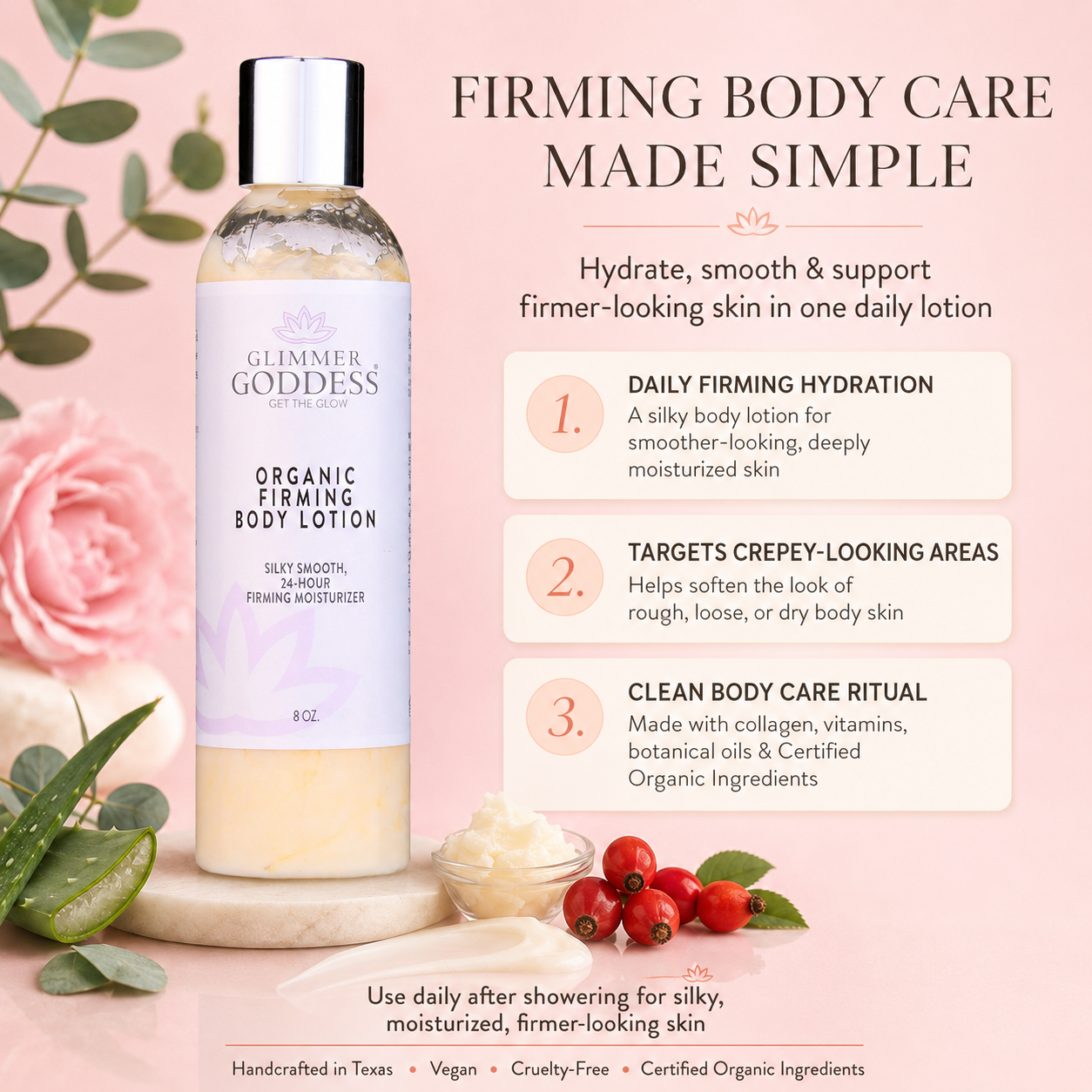 Glimmer Goddess organic firming body lotion with product details on a pink background