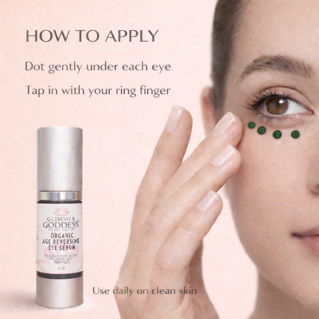 Glimmer Goddess Organic Age Reversing Eye Serum for eyes, showing how to apply the instant firming treatment on skin.