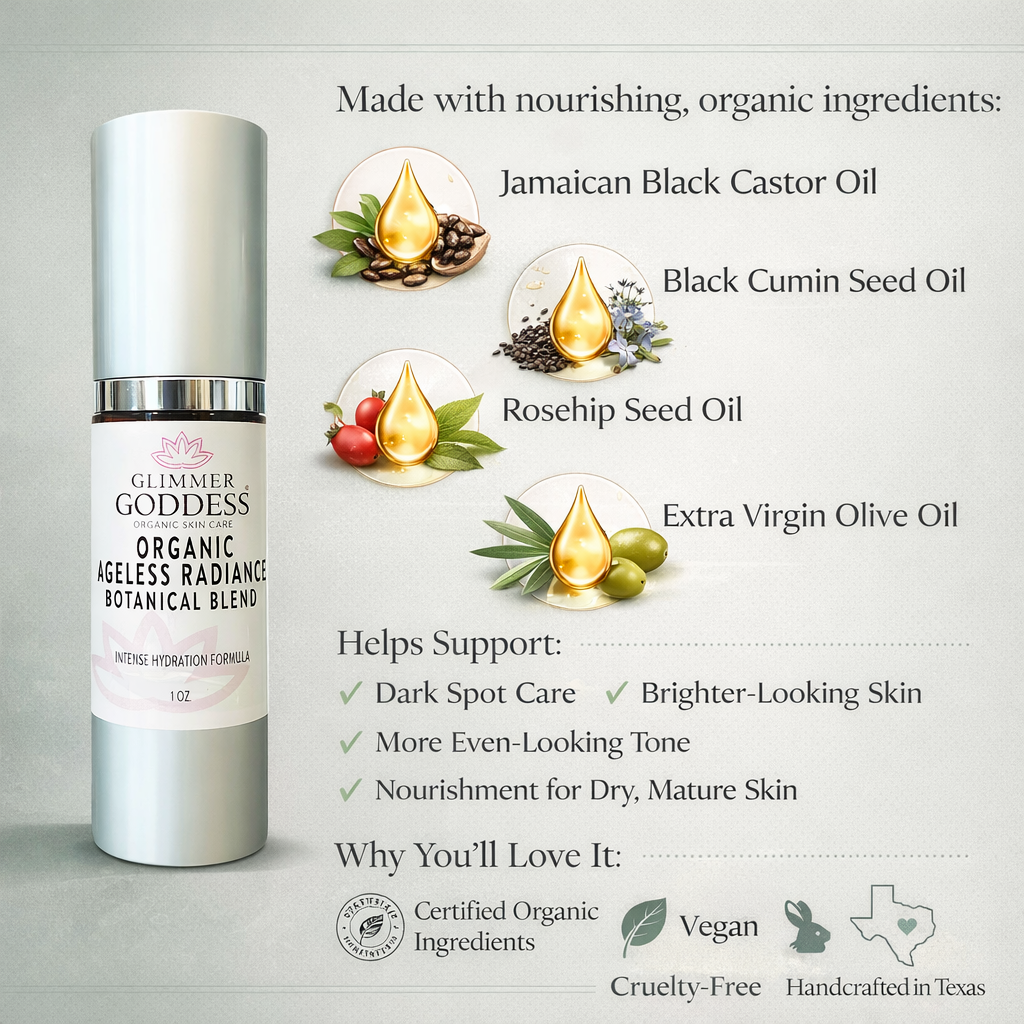 Organic skin brightening serum by Glimmer Goddess® with natural ingredients for radiant skin and dark spot treatment.