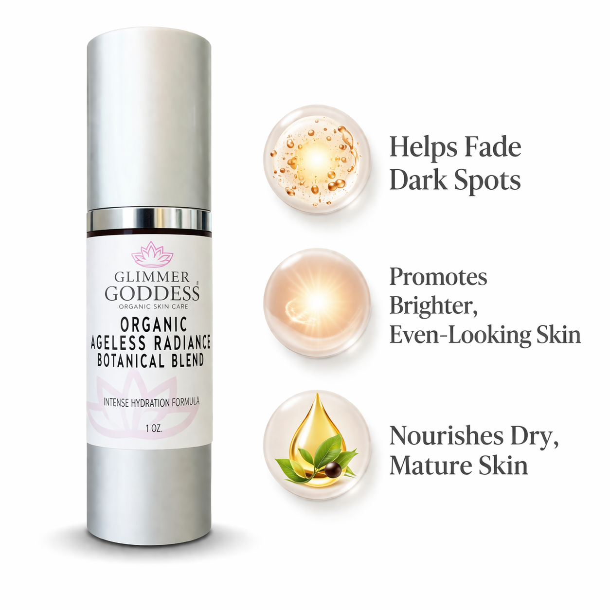 Organic Skin Brightening Serum by Glimmer Goddess® featuring a sleek bottle, highlighting its radiant, natural skincare formulation.