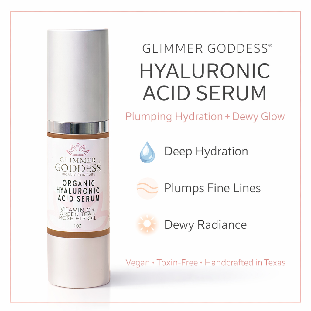 Glimmer Goddess Organic Hyaluronic Acid Serum bottle showing plumping hydration benefits, with clear glass container and dropper.