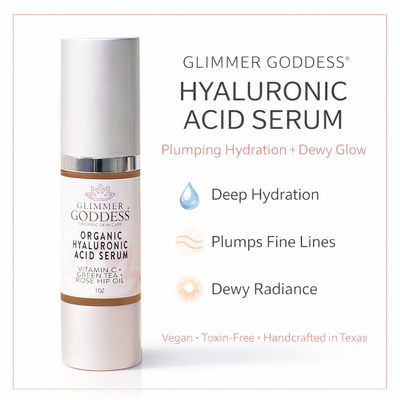 Glimmer Goddess Organic Hyaluronic Acid Serum in 1 oz. bottle, featuring clear serum for skin hydration and plumping effects.